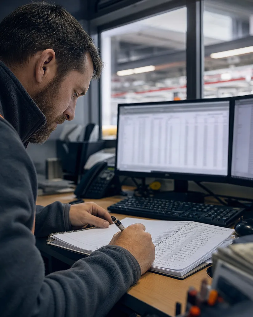 Analyst reviewing long lists of contract notices on two monitors
