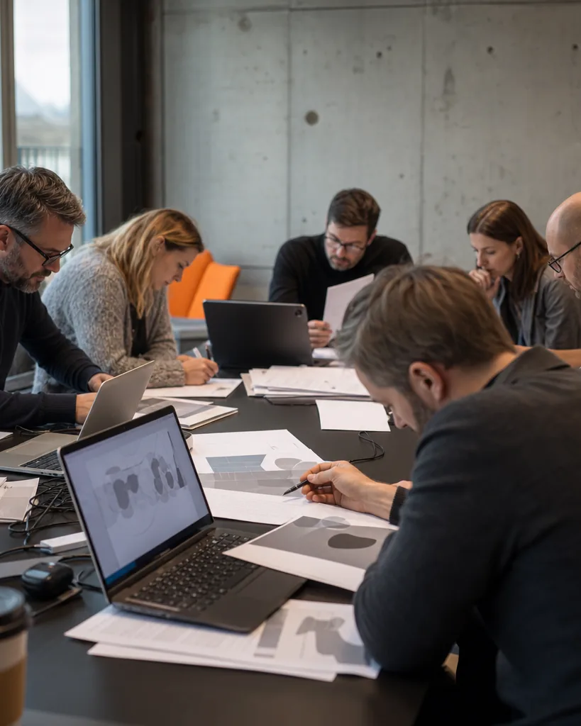 Consortium partners from several companies working together at a long table