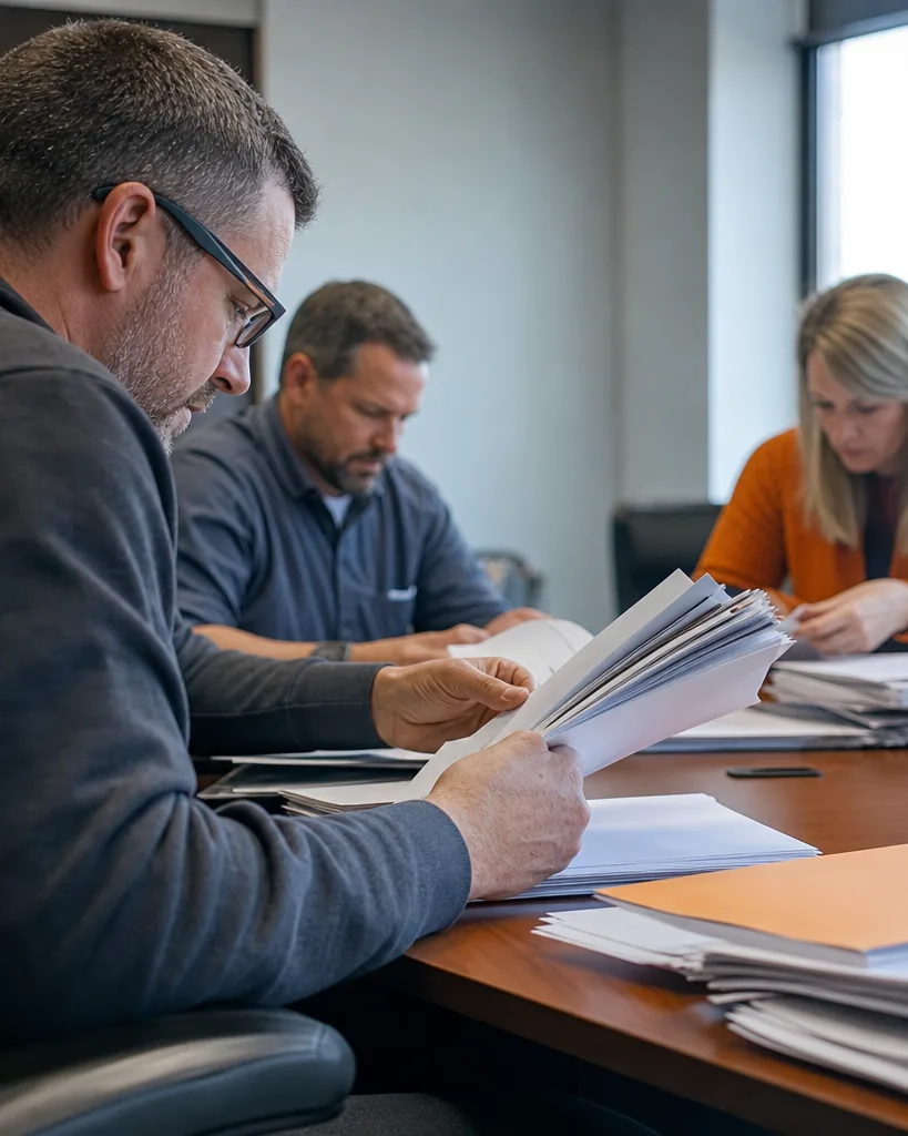 Procurement officials reviewing bid folders in a meeting room