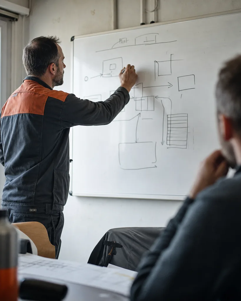 Engineer sketching requirements on a whiteboard during an early planning session