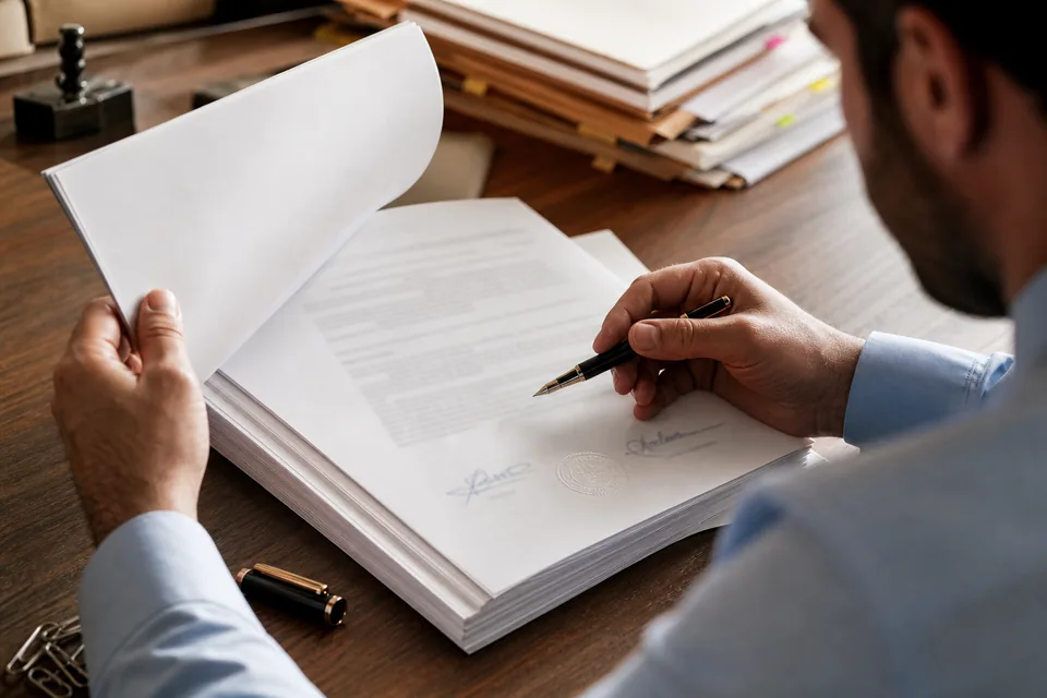 Contract pages with signature blocks and a pen on a procurement office desk