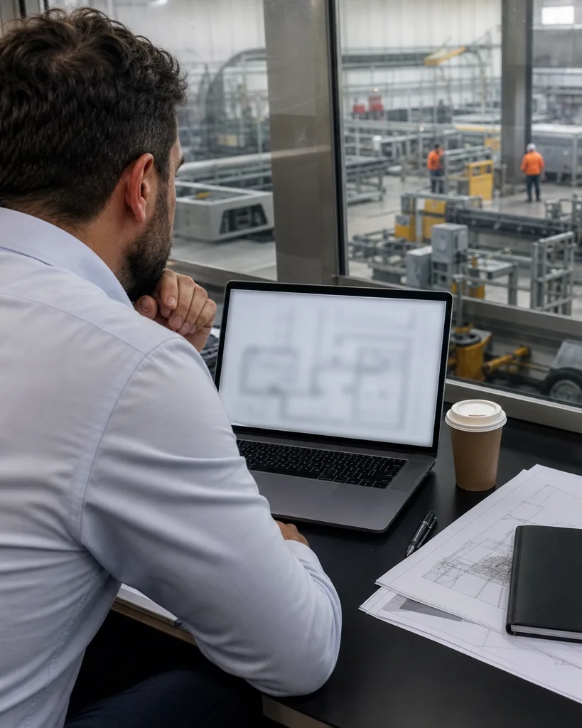 Business development lead reviewing a tender on a laptop in a supplier office
