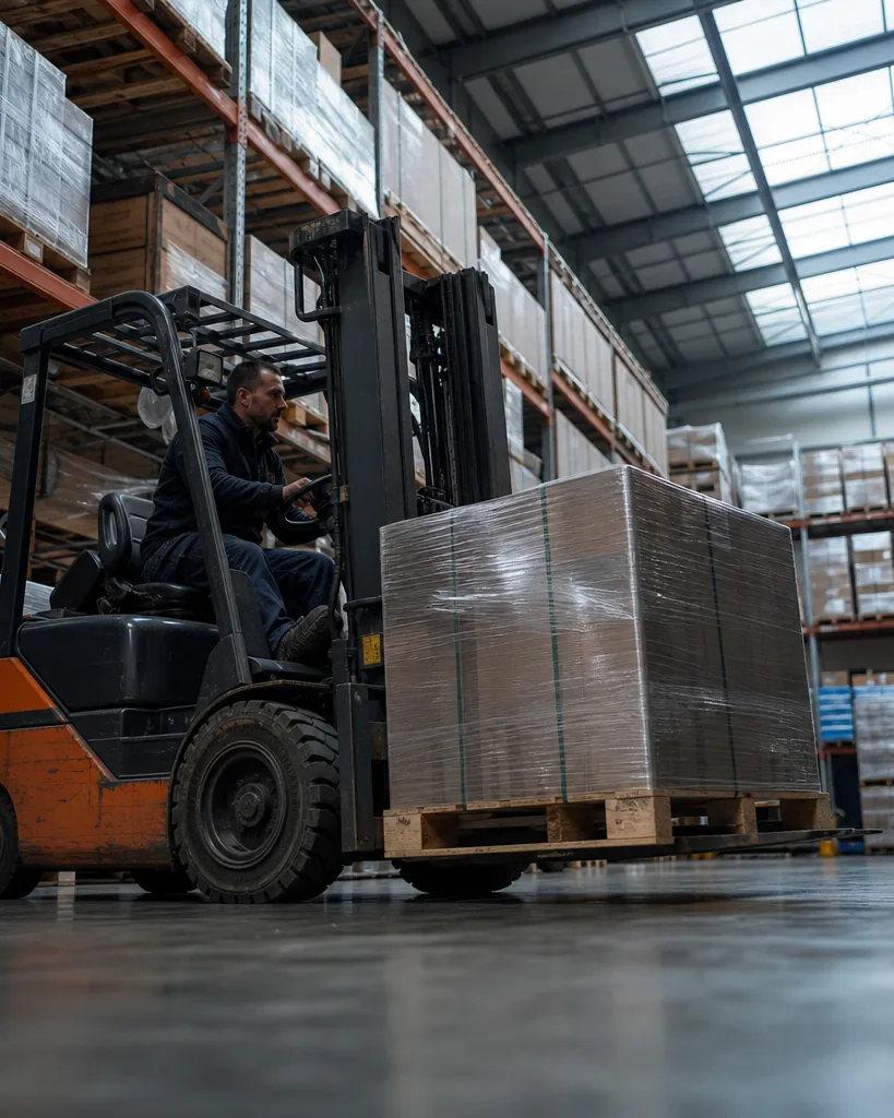 Supply warehouse with pallet racks and a forklift