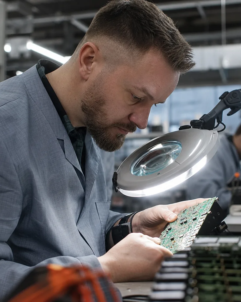 Technician inspecting a circuit board under a magnifier in an electronics plant