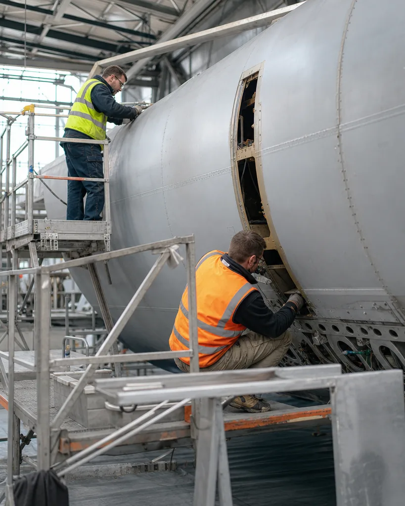 Engineers working beside an aircraft fuselage section in a maintenance hangar