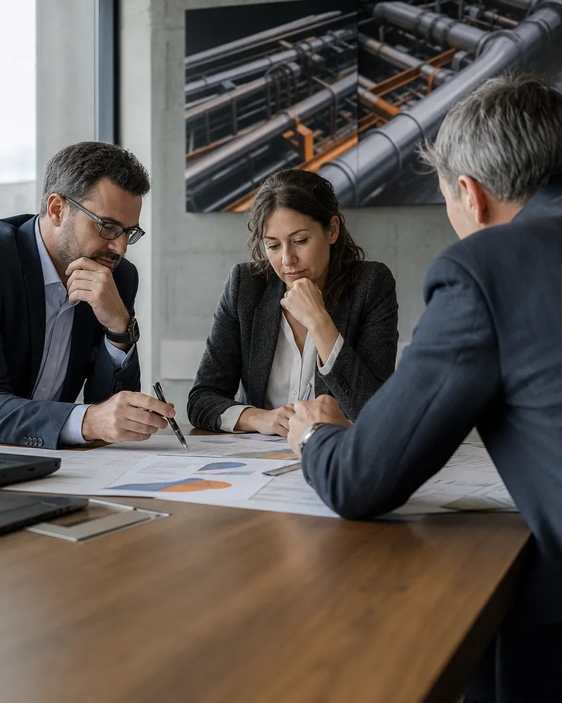 Leadership team discussing a bid pipeline around a meeting table